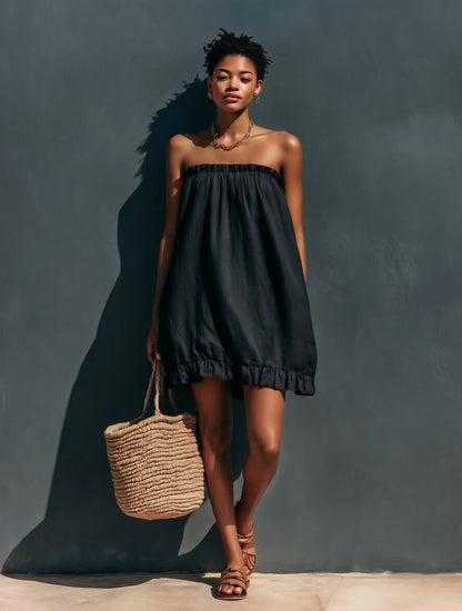 Robe courte ample en lin bustier à volants