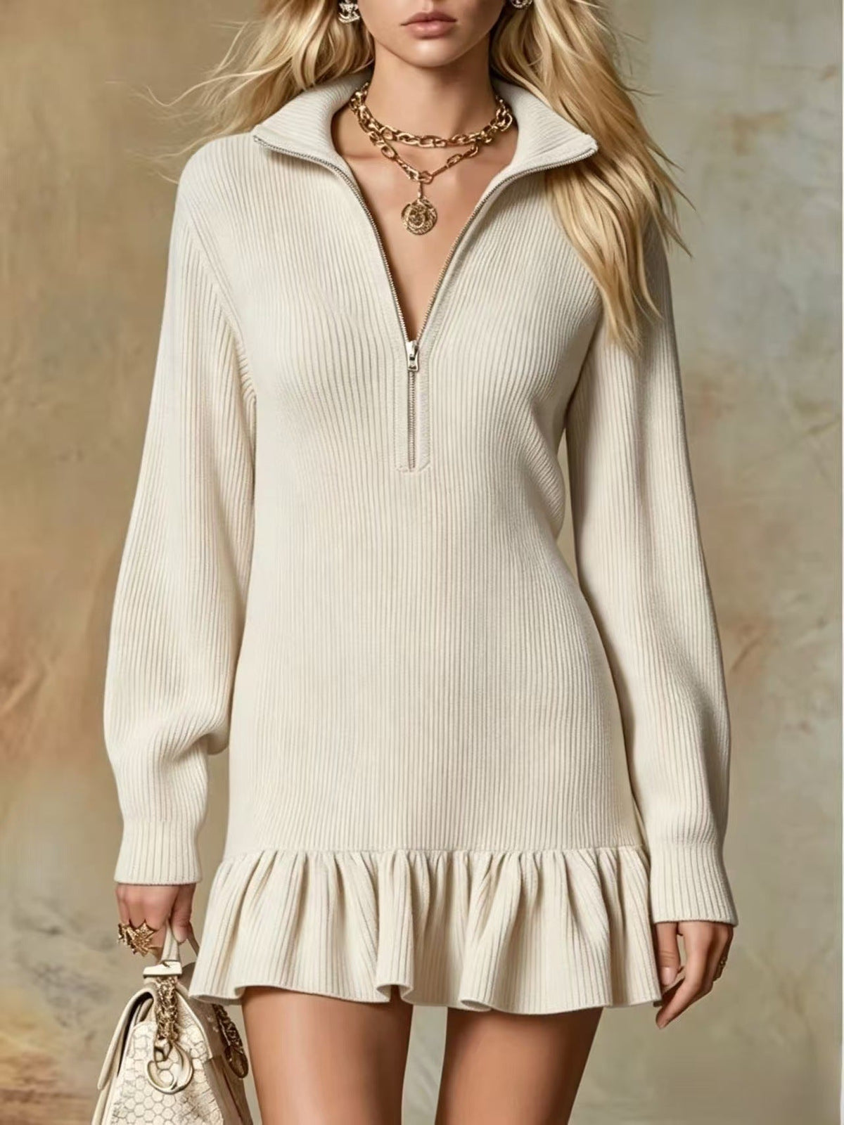 Robe pull col montant mi-zippé en maille côtelée à ourlet volanté