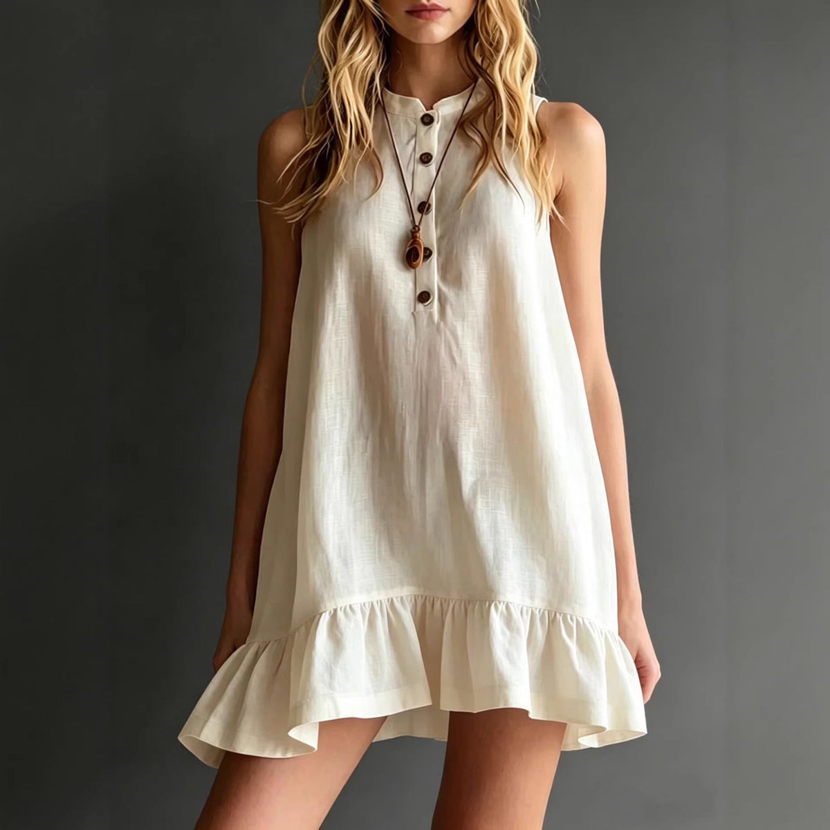 Robe trapèze sans manches à volants sans effort – Style décontracté en mélange de lin