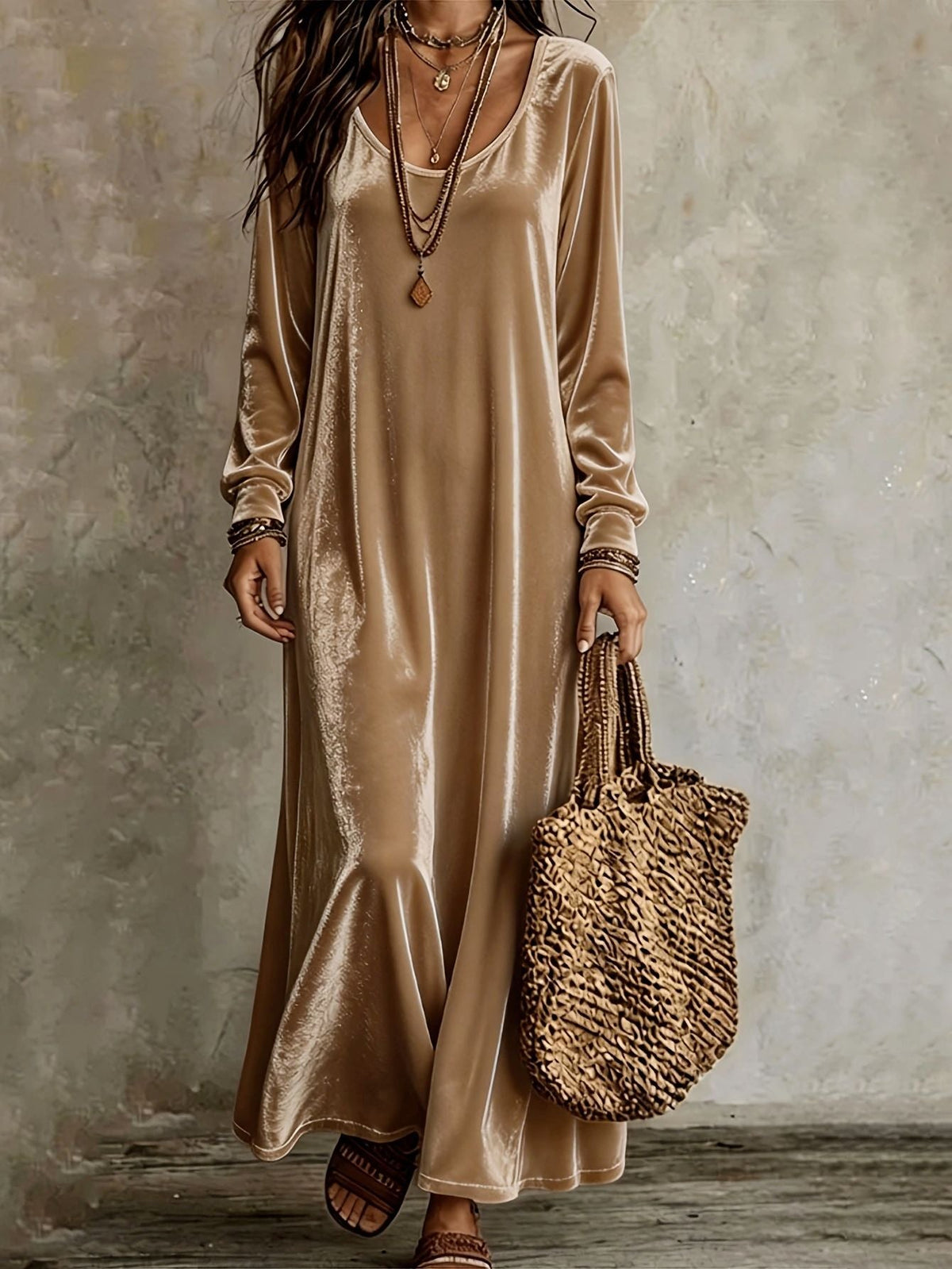 Robe longue en velours à manches longues
