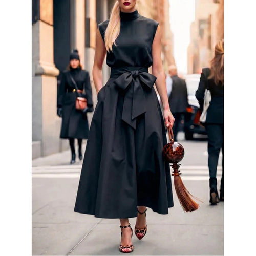 Robe sans manches col roulé noir Jupe trapèze élégante et à la mode Jupe longue