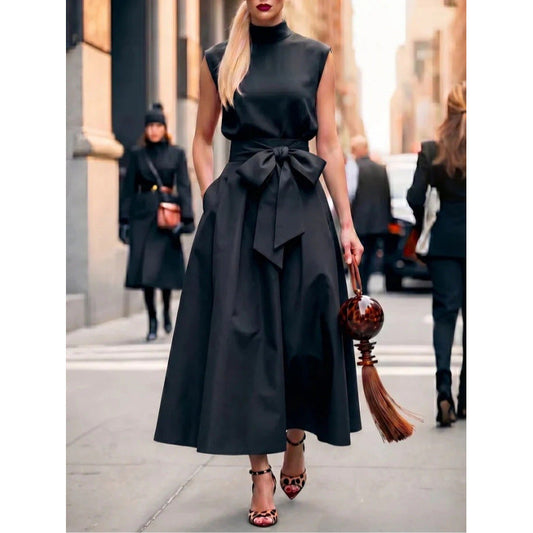 Robe sans manches col roulé noir Jupe trapèze élégante et à la mode Jupe longue
