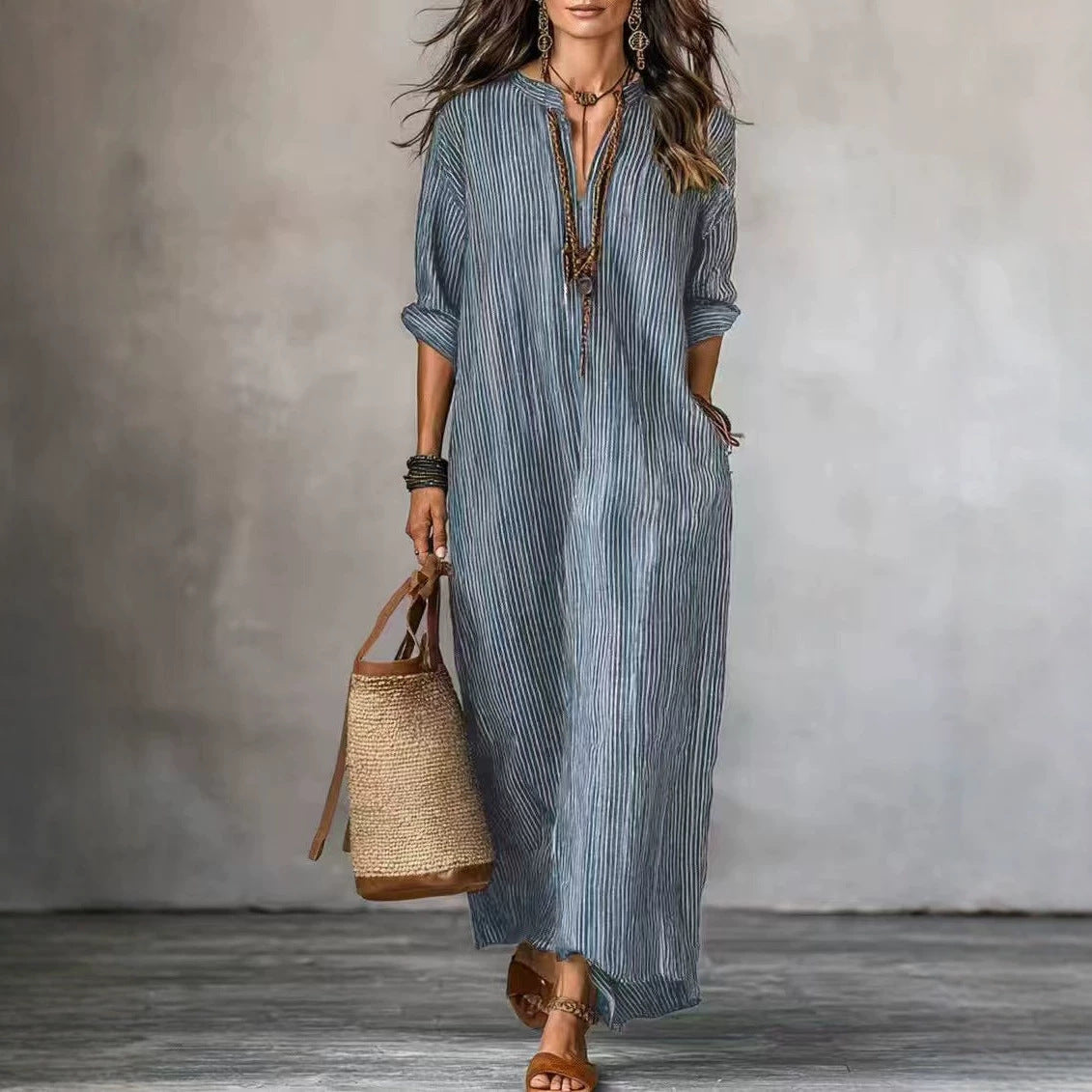Robe longue texturée froissée à col en V, manches courtes et coupe ample