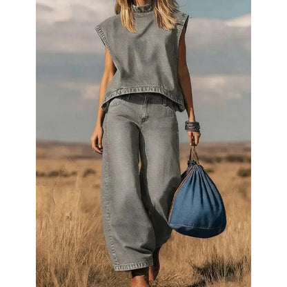 Ensemble deux pièces jean taille haute large
