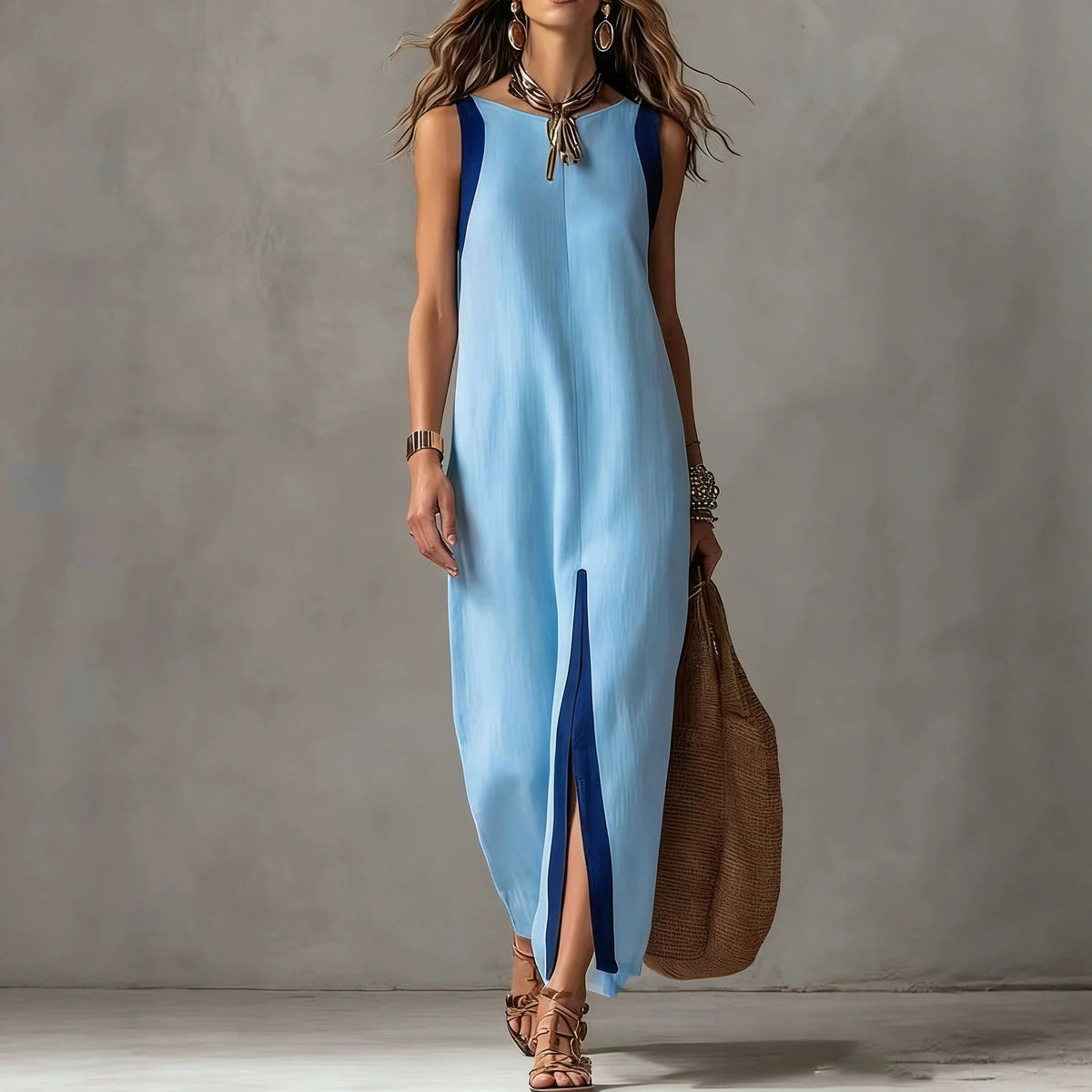 Robe midi droite sans manches bicolore à blocs de couleur