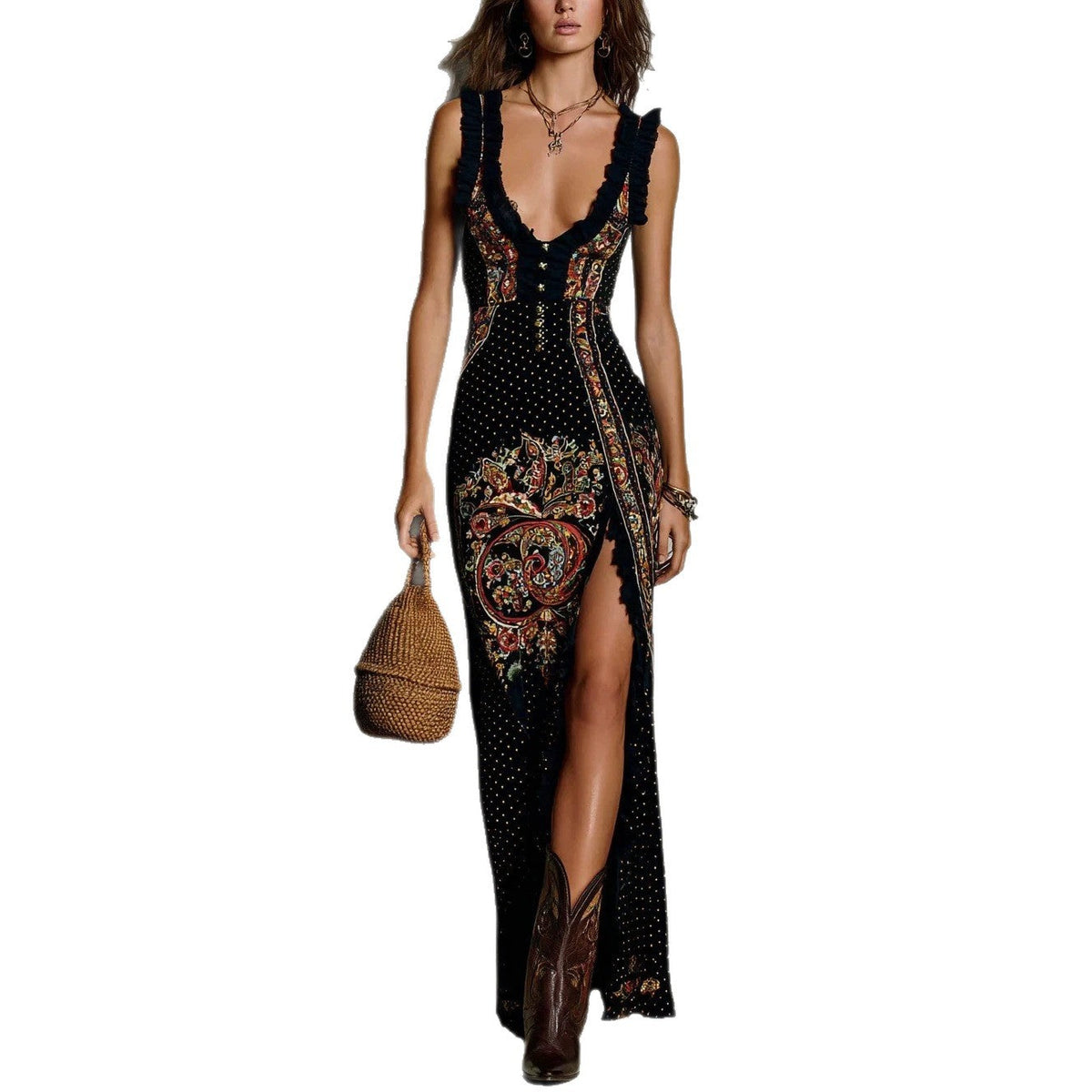 Robe longue fendue sans manches à imprimé numérique – Robe longue à col en V et taille haute pour femmes
