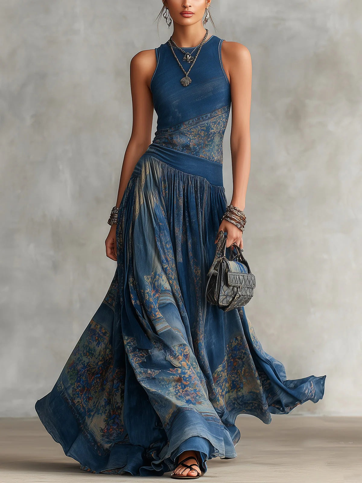 Elegant Retro Printed Sleeveless Tank Top Dress