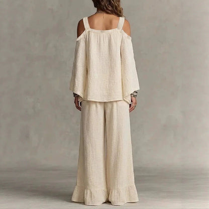 Women Solid Textured Cold Shoulder Batwing Top Elastic Waist Ruffle Wide Leg Pants Matching Set