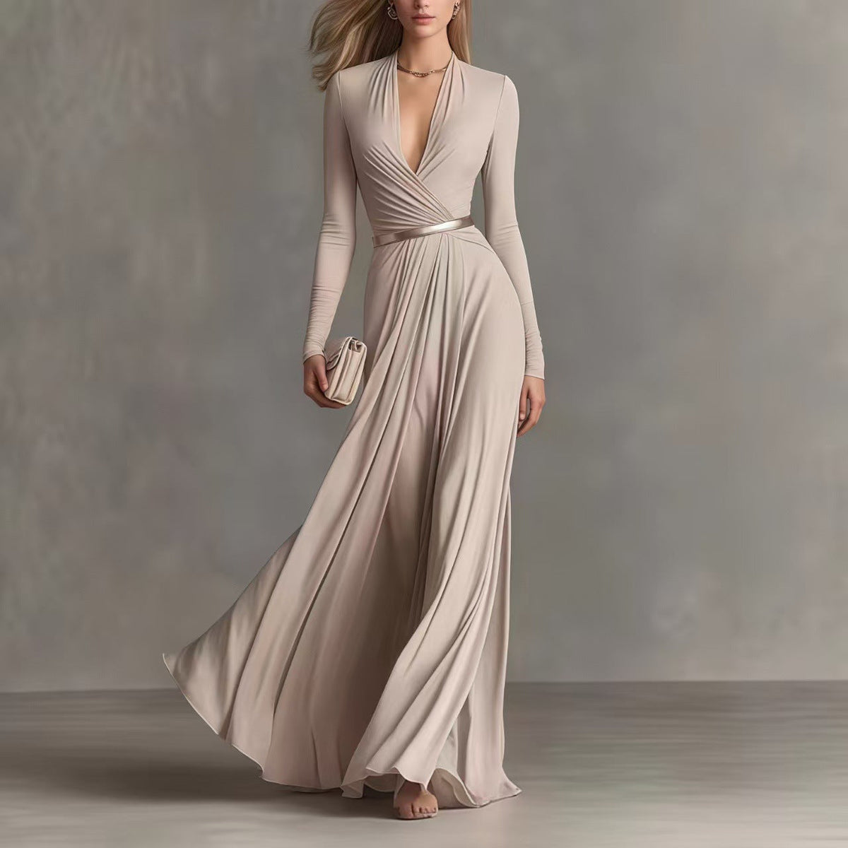 Robe élégante à manches longues texturée de couleur unie pour femme avec petite taille parfumée