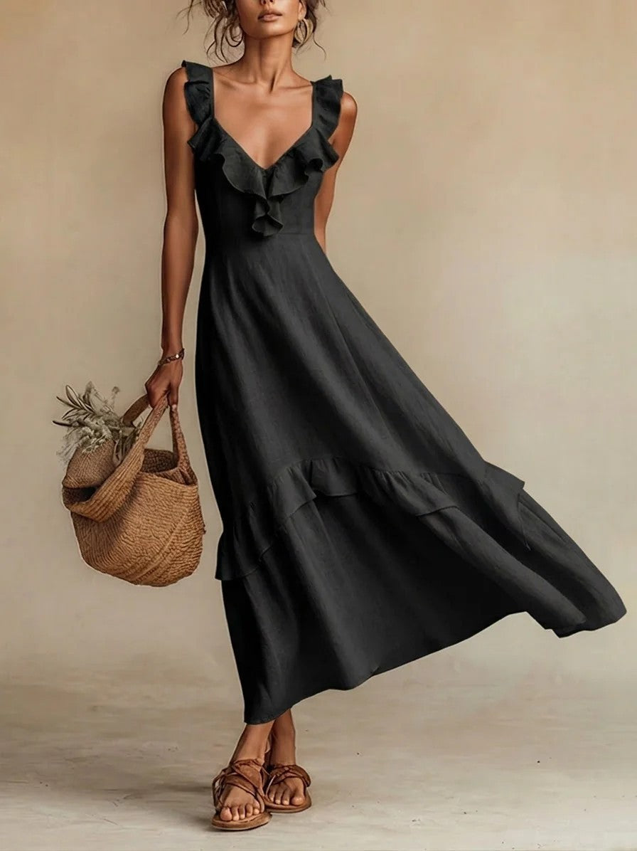 Robe longue maxi en mélange de lin à volants