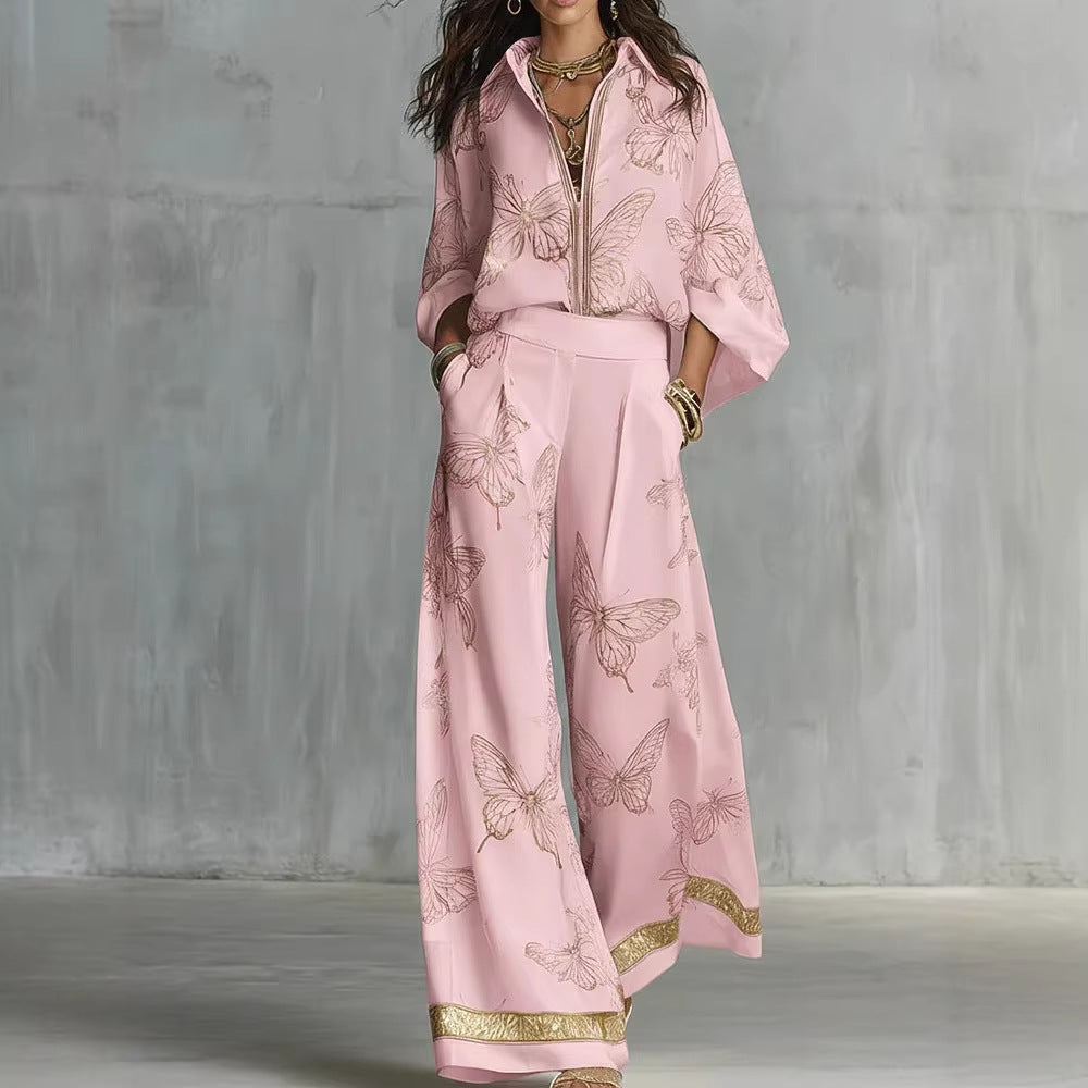 Ensemble deux pièces pantalon large taille haute, tenue de vacances élégante en satin de luxe
