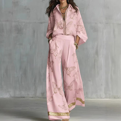 Ensemble deux pièces pantalon large taille haute, tenue de vacances élégante en satin de luxe