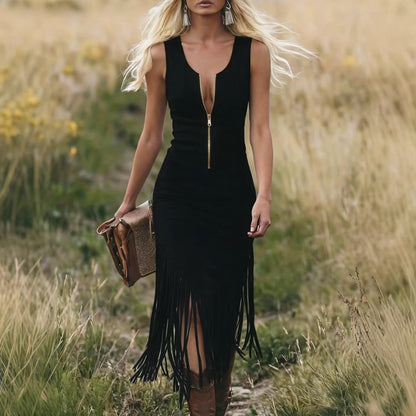 Robe midi en daim à franges – L'élégance western et la modernité audacieuse