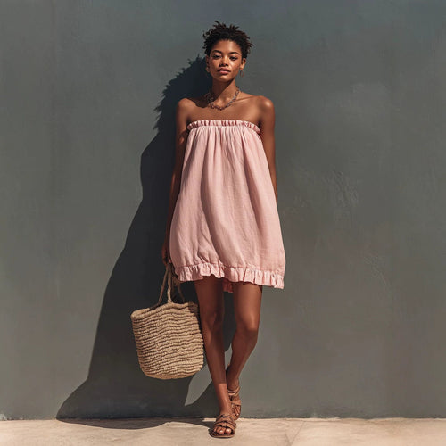 Robe courte ample en lin bustier à volants