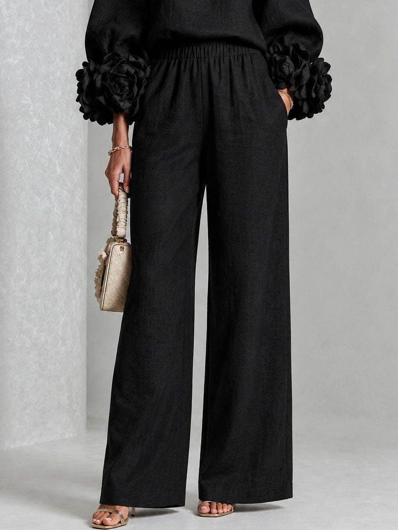 Pink Top Featuring Striking Floral Cuffs Paired With Wide-leg Pants Suit