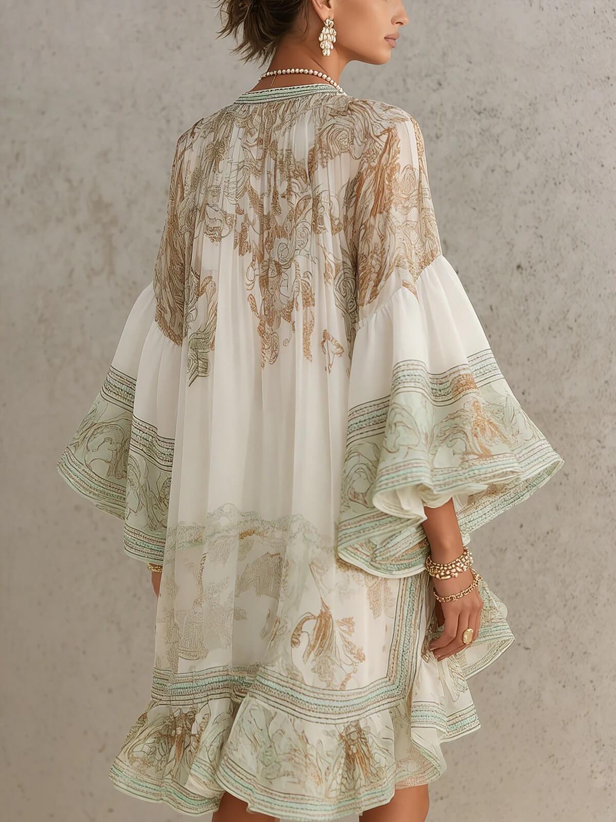 Mini-robe femme en polyester extensible imprimée bohème avec manches évasées à volants