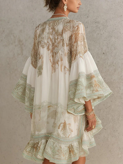 Mini-robe femme en polyester extensible imprimée bohème avec manches évasées à volants