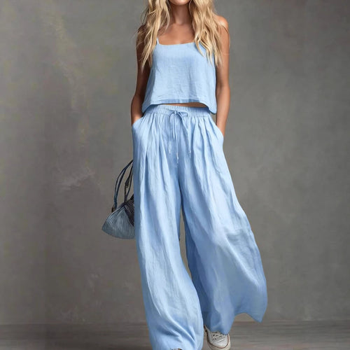 Ensemble pantalon large et haut à bretelles en coton et lin décontracté de couleur unie