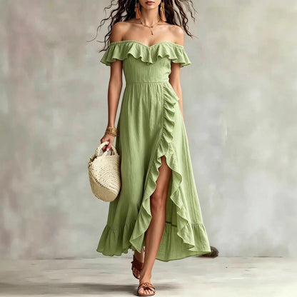 Robe longue fluide d'été en coton à épaules dénudées, à volants et froncée pour femme