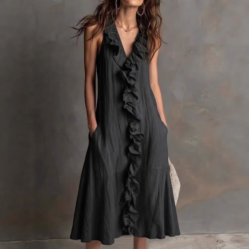 🌿 Robe midi sans manches à col en V volanté
