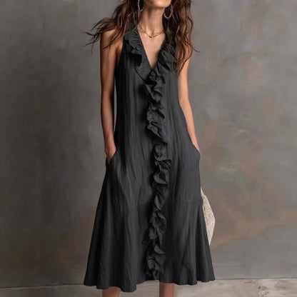 🌿 Robe midi sans manches à col en V volanté