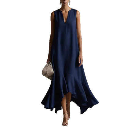 Robe midi sans manches en lin à col en V et ourlet volanté