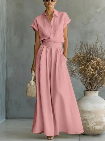 Ensemble deux pièces chemise à col et manches courtes et pantalon large taille haute