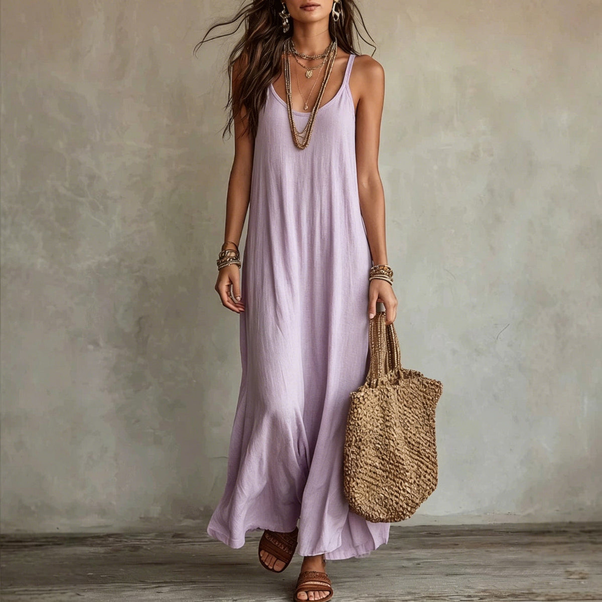 Robe longue ample à fines bretelles en lin texturé