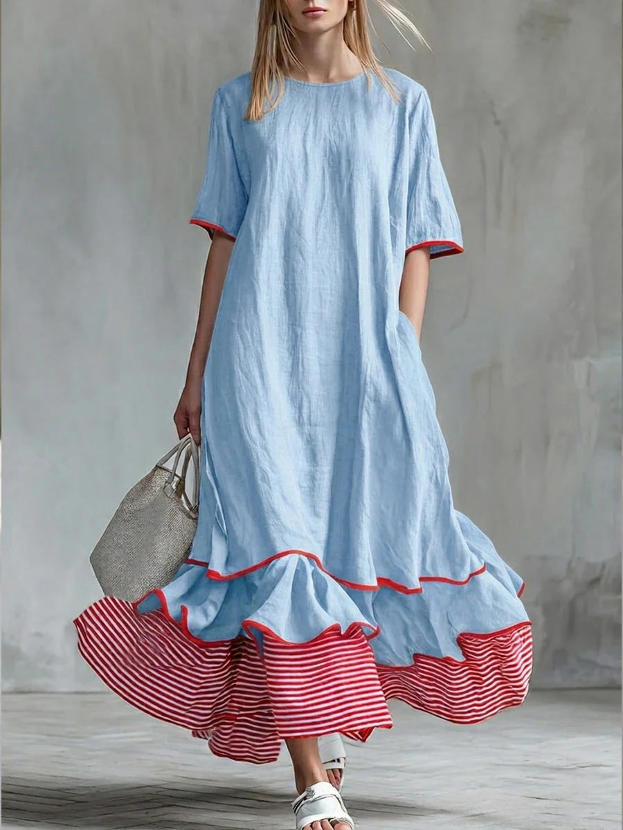Robe longue ample en lin à rayures passepoilées et ourlet à volants