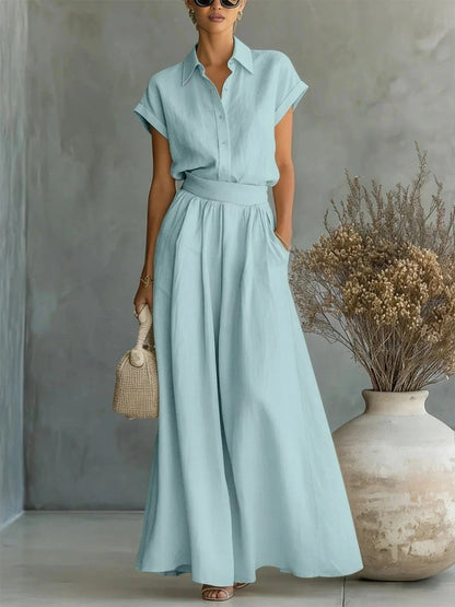 Ensemble deux pièces chemise et pantalon large de couleur unie décontracté printemps et été