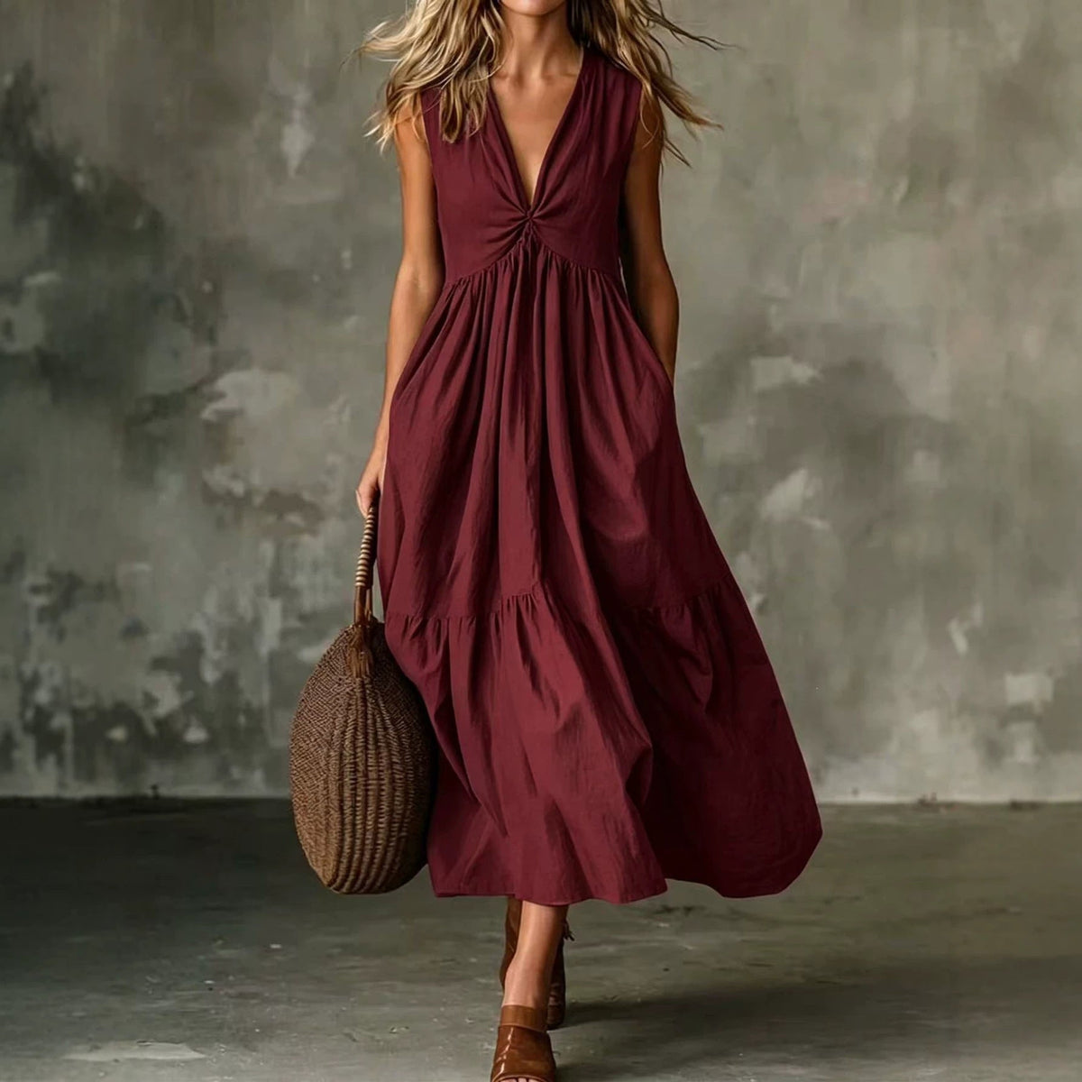 Robe longue texturée ample sans manches à col en V et devant torsadé avec poches
