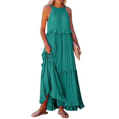 Robe longue fluide à volants et plusieurs niveaux, coupe halter