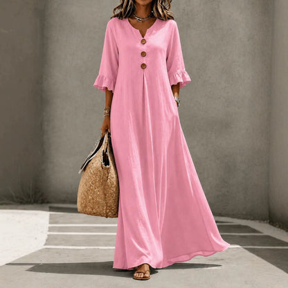 Robe longue en lin à col en V et manches volantées