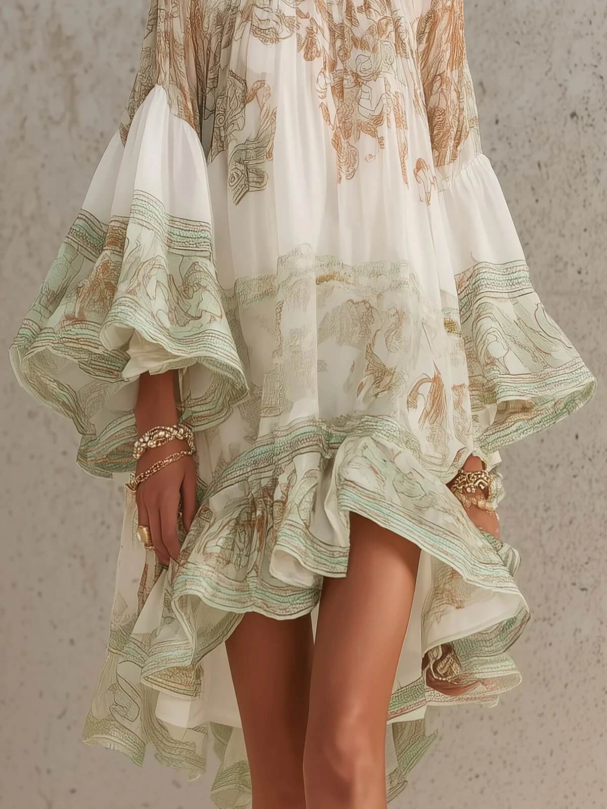 Mini-robe femme en polyester extensible imprimée bohème avec manches évasées à volants