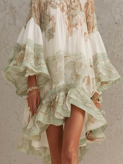 Mini-robe femme en polyester extensible imprimée bohème avec manches évasées à volants