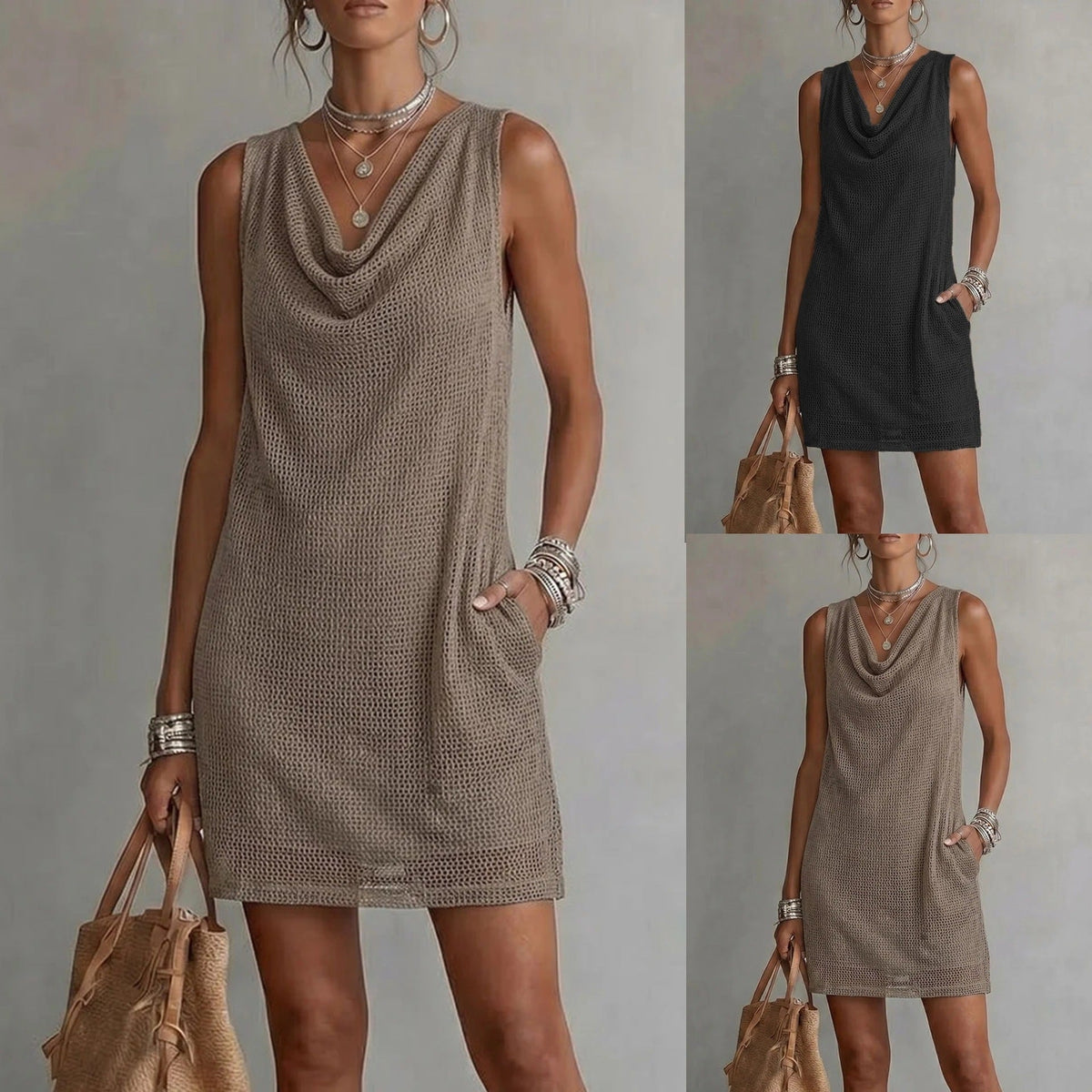 Mini robe sans manches en maille ajourée pour femme