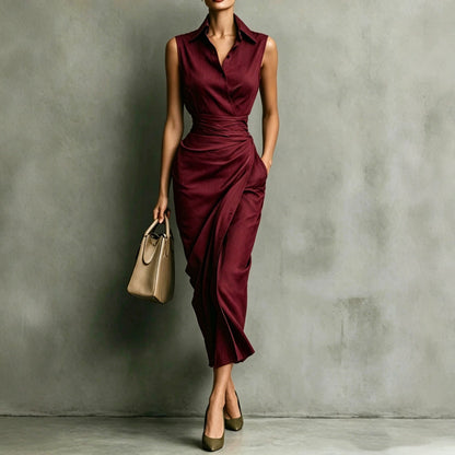 Robe cache-cœur mi-longue sans manches bordeaux pour femme - Élégance pour le bureau et les soirées