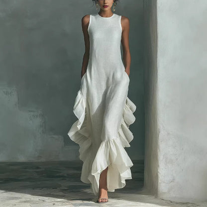 Longue robe maxi sans manches en lin à volants