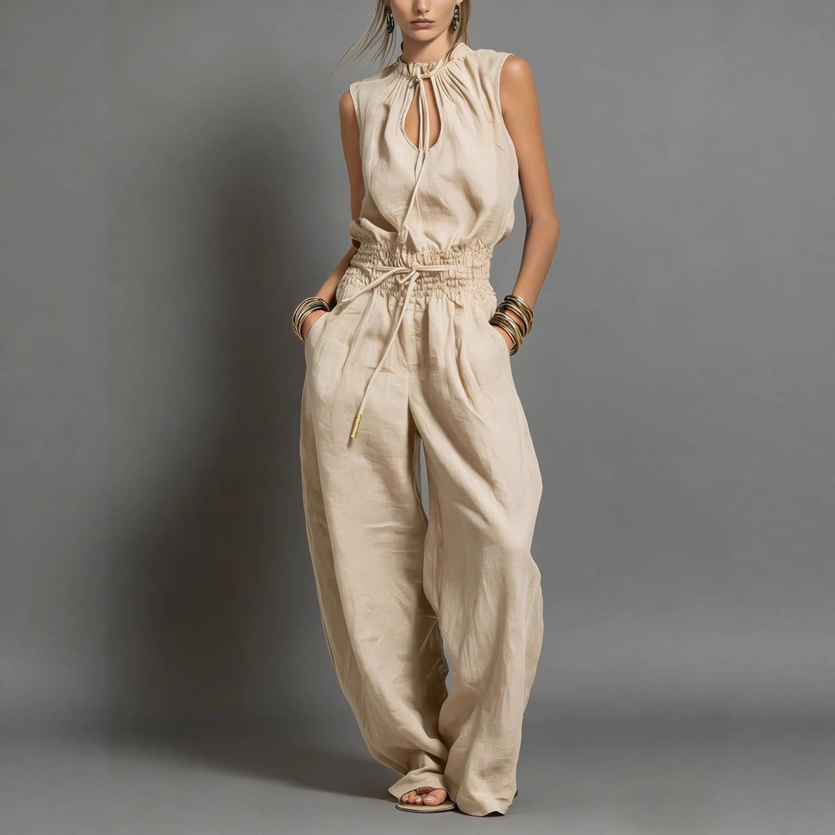 Combinaison en lin mélangé beige, taille smockée