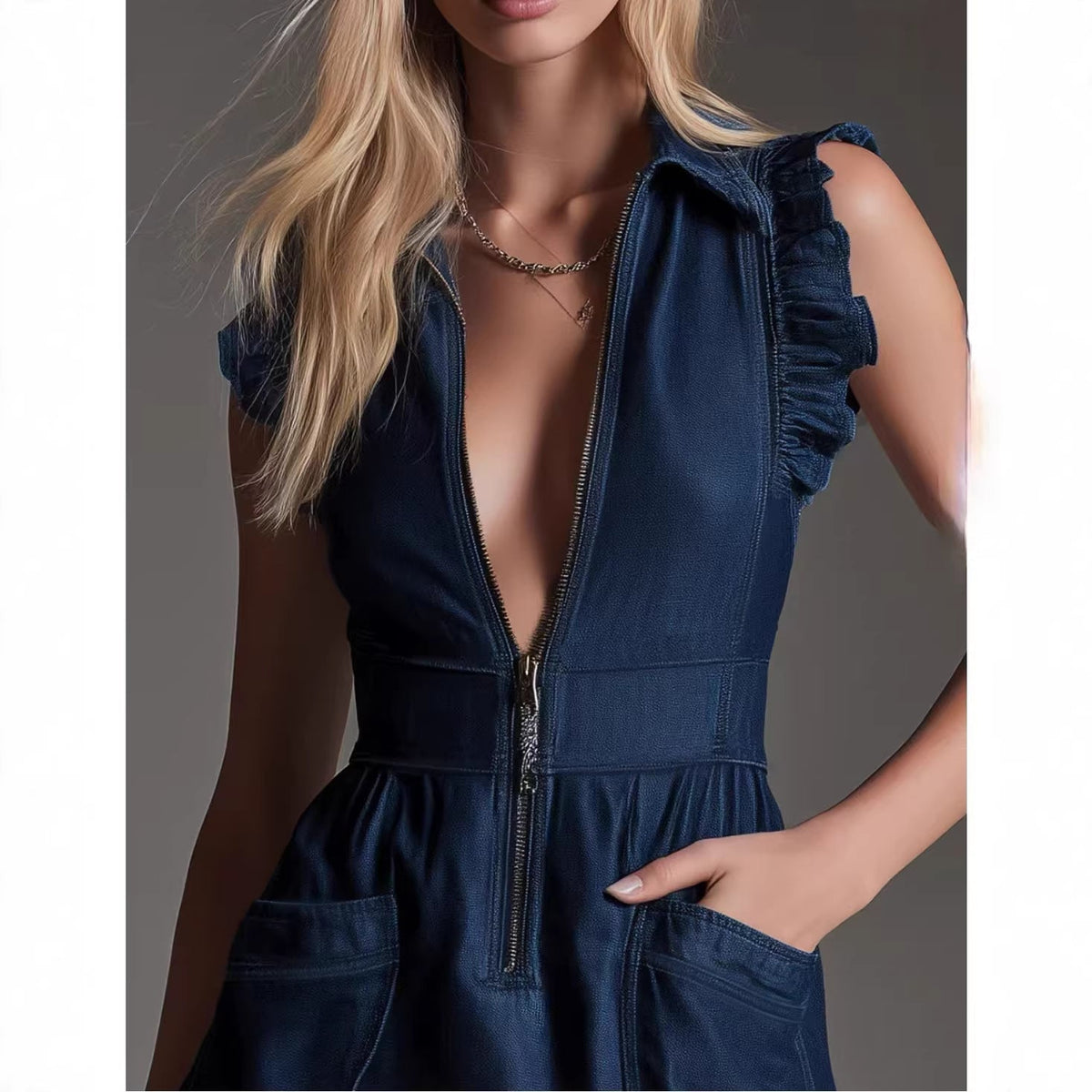 Robe Courte Sans Manches en Jean Volants avec Fermeture Éclair sur le Devant