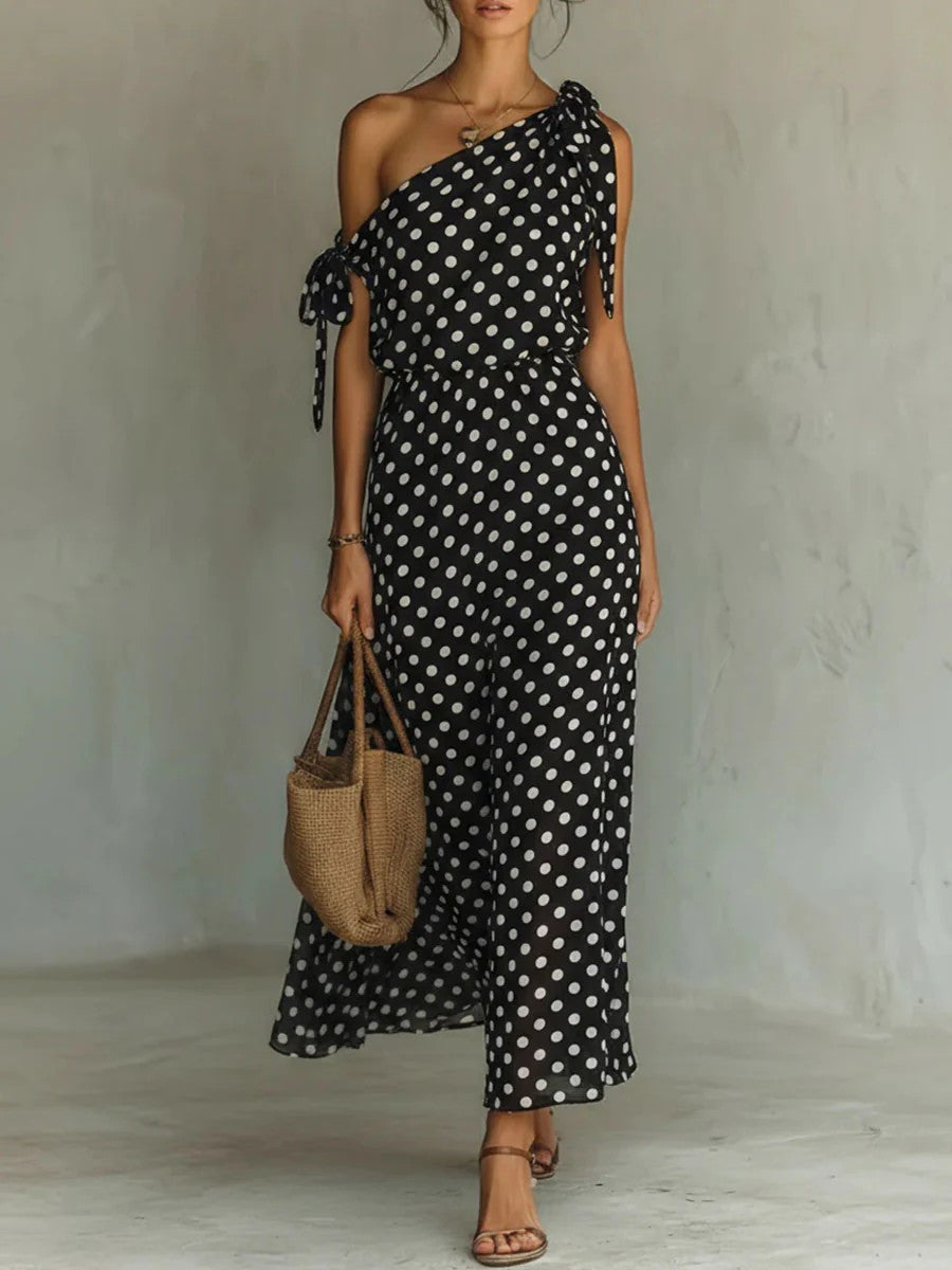 Robe longue asymétrique à pois pour femme