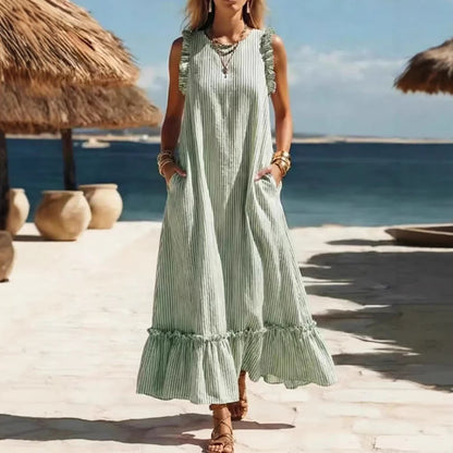 🌊 Robe longue à rayures et volants « Côté mer »