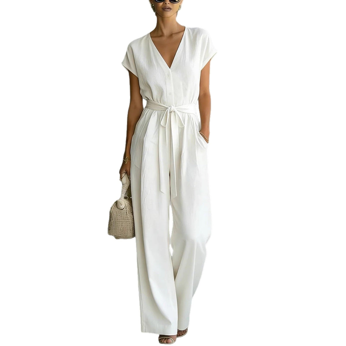 Combinaison élégante col en V avec ceinture pour femme - Tenue une pièce chic et décontractée pour le quotidien et les occasions spéciales