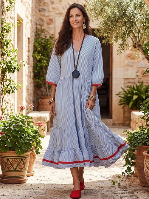 Robe longue à rayures étagée en mélange de lin et liseré rouge