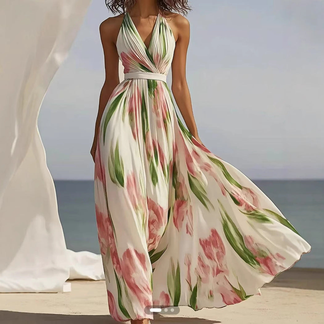 Robe longue plissée à fleurs avec encolure en V et ceinture à la taille