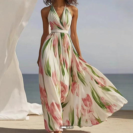 Robe longue plissée à fleurs avec encolure en V et ceinture à la taille