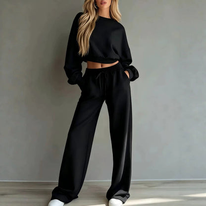 Ensemble de survêtement décontracté 2 pièces pour femme, comprenant un sweat-shirt court et un pantalon ample à jambes larges – Tenue décontractée