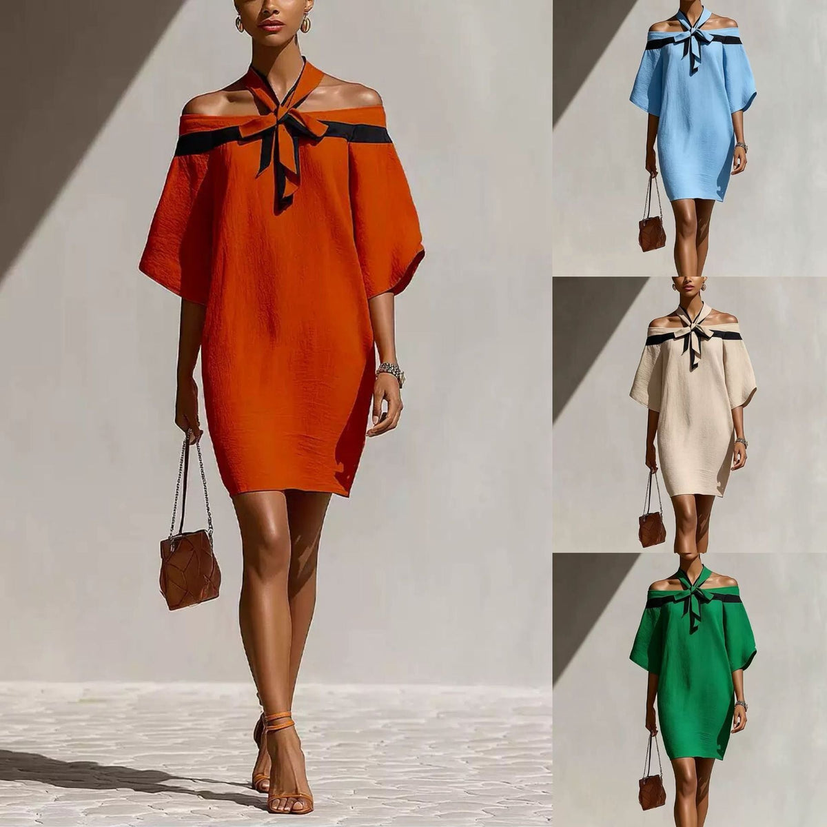 Robe Tunique Courte Fluide Épaules Dénudées avec Détail Halter Contrastant à Nouer