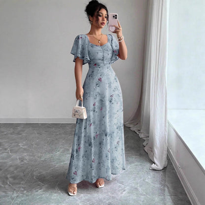 Robe longue à imprimé floral, froncée et à manches papillon fluides