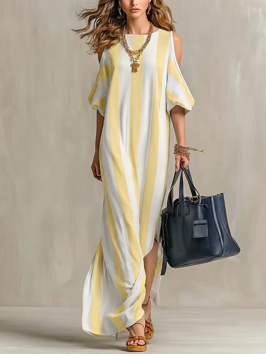 Robe longue ample fendue à rayures verticales et épaules dénudées